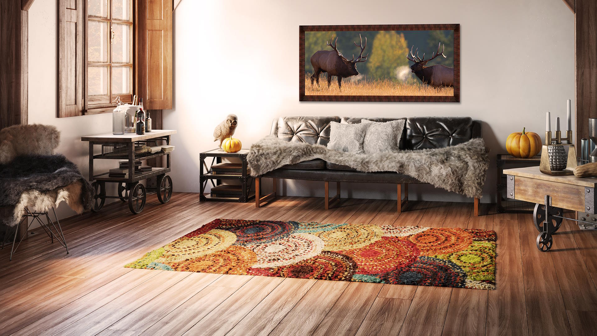 Living Room with wood decor, dark couch, oversize photo art wall hanging of two elk with large horns