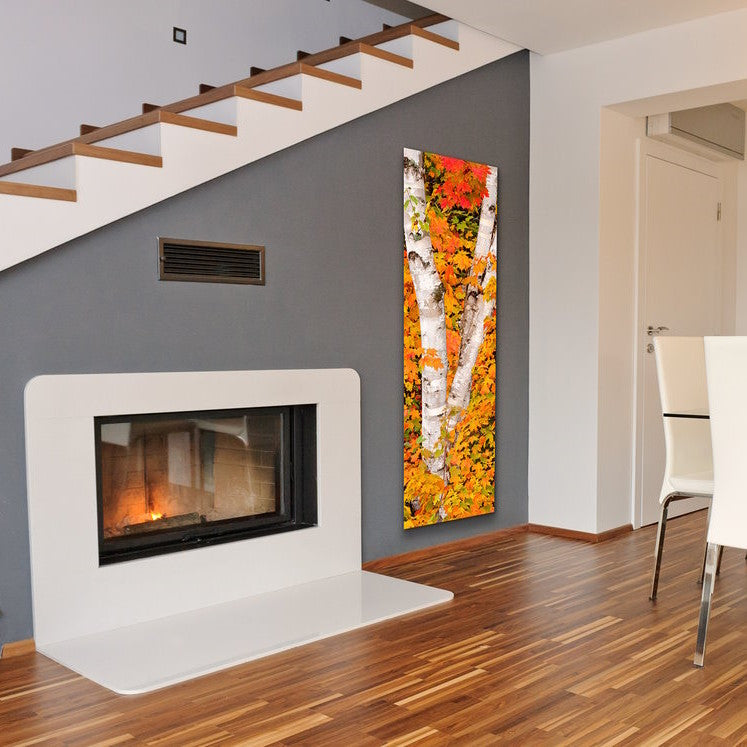 Hardwood,fireplace, stairs, vertical wall art panel of tree trunk, leaves Decor image